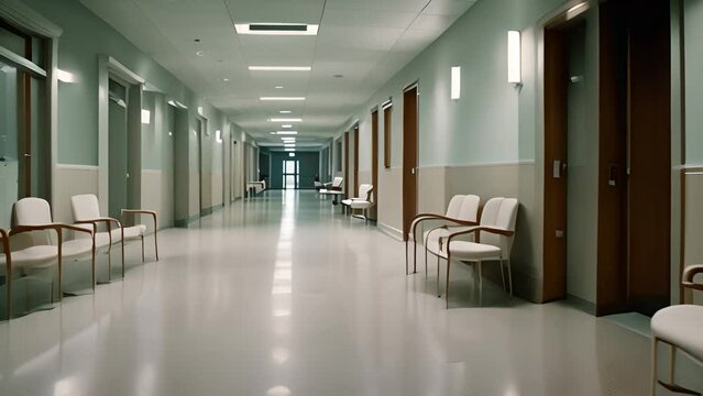 Long Hospital Hallway With Chairs and Tables Generative AI