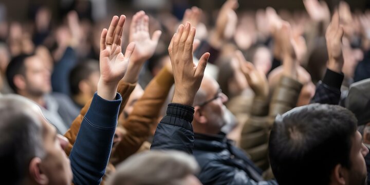 Blurred hands raised in a crowd discussing suggestions or voting in a council meeting. Concept Crowd Participation, Civic Engagement, Community Involvement