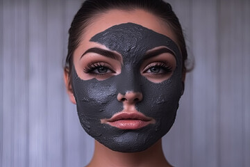 A woman with a black clay mask on her face is lying down on a bed