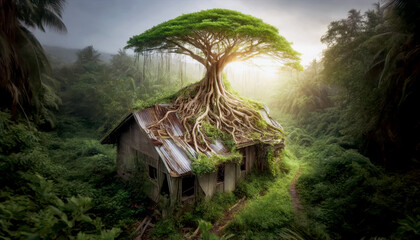 A large tree grows through an old, abandoned house in a lush, overgrown forest, with sunlight filtering through the leaves, creating a magical and surreal scene.