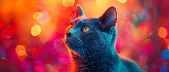 Cute Chartreux Cat in pop art style, geometric colorful background selective focus, vibrant, overlay, urban street backdrop