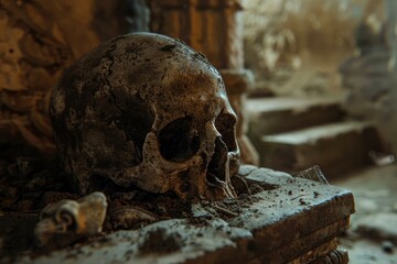 Obraz premium Closeup of a weathered human skull on a rough surface with a dark, moody background