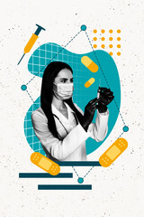 Fototapeta premium Vertical image picture doctor young woman nurse white coat injection mask bandage pharmacy hospital checkered background