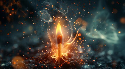 Wooden match stick with fire burning and sparkles in black background. - Powered by Adobe