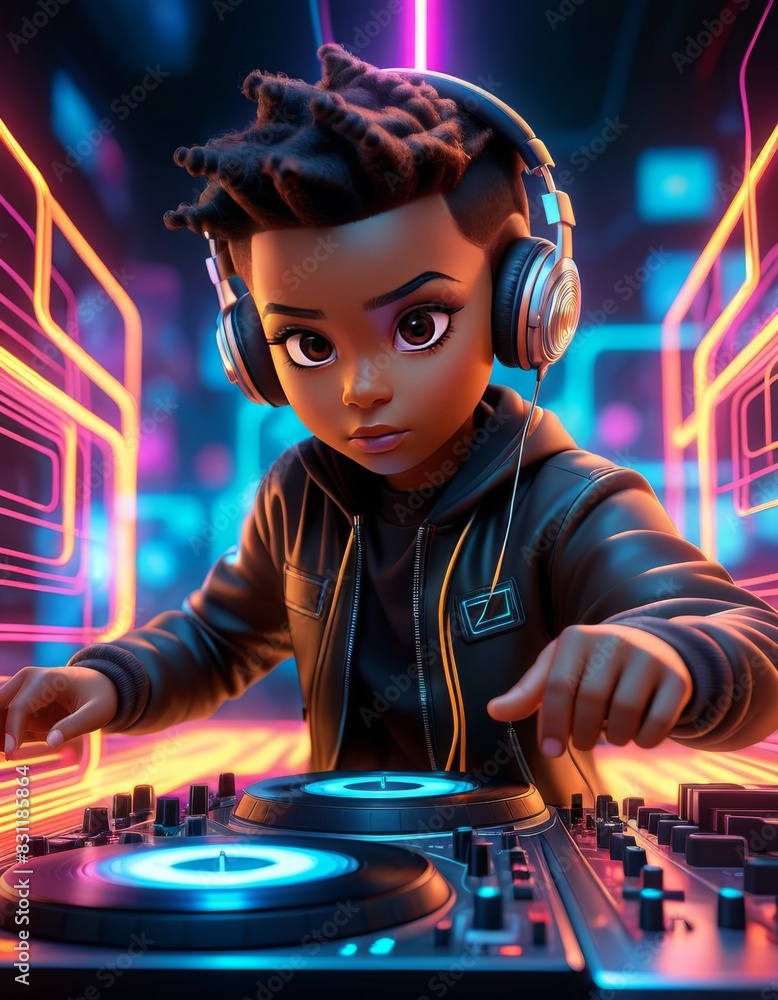Poster a dynamic illustration of an animated dj with headphones mixing music in a neon-lit studio. the colo