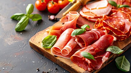 Slicing deli meats on a board. Selective focus.