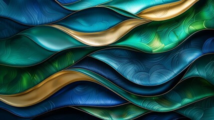 A modern, abstract fabric design with swirling lines and curves in vibrant, metallic colors like emerald green and royal blue, creating a beautiful and shiny background. Minimal and Simple style