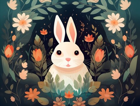 Charming Rabbit Among Blooming Flowers in Lush Garden