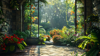 Peaceful home garden with vibrant plants and an enchanting natural view.
