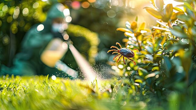 A man in a protective suit sprays the grass against ticks. Selective focus.