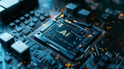 AI at the Core: Close-Up of a Metallic Computer Chip with 'AI' Prominently Displayed