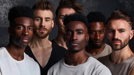 Diverse group of men in a studio, exemplifying modern male grooming and skincare, each radiating self-assuredness