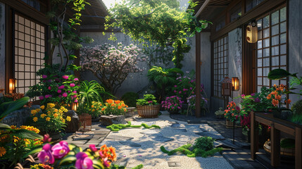Tranquil Japanese garden courtyard adorned with beautiful flowers and lush greenery.