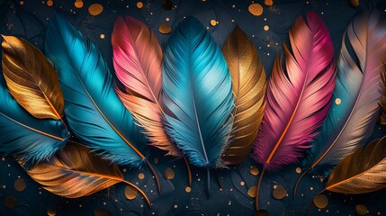 A beautiful, shiny fabric pattern featuring abstract, metallic feathers in vibrant colors like turquoise, magenta, and gold, against a dark background. Minimal and Simple style
