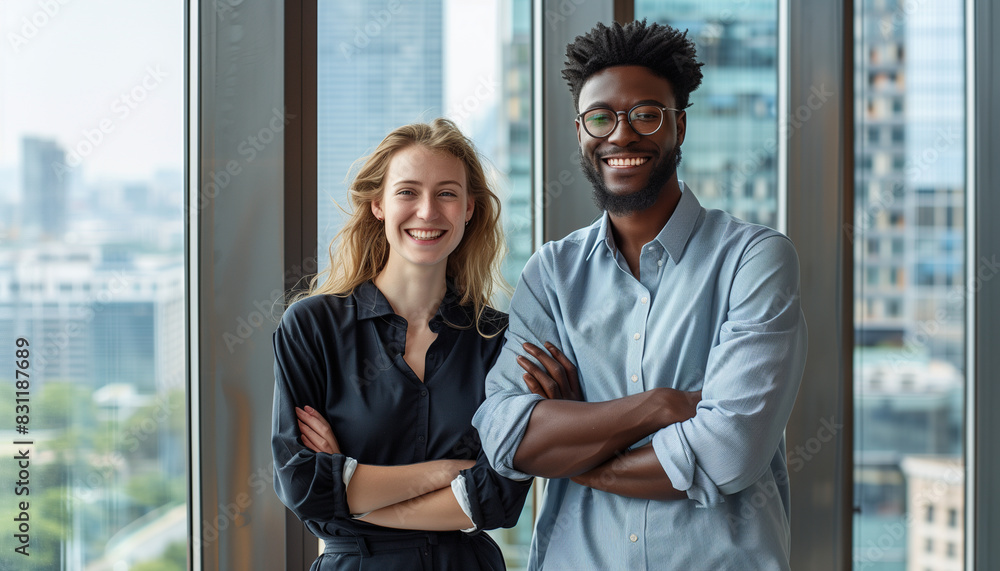 Aufkleber a of two business professionals standing in front of a large window with city views, both smiling an