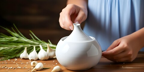 Woman uses Neti Pot for nasal irrigation to relieve cold symptoms like runny nose. Concept Nasal Irrigation, Neti Pot Benefits, Cold Relief, Runny Nose Remedies