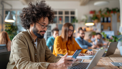a detailed image of a software tester using a smartphone to test a mobile application, with colleagues working on laptops nearby, multiracial, Teamwork, Office, Occupation, softwar