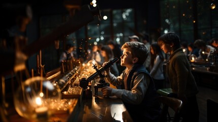 A group of children are engaged in scientific observation using microscopes in a warm-lit, enchanting workshop setting