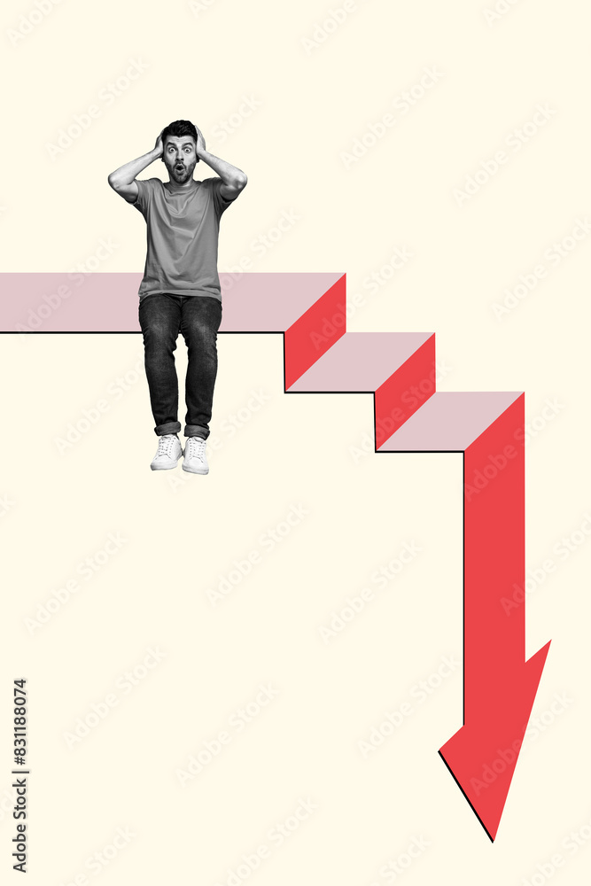 Poster composite artwork collage image of mini guy sit big arrow down isolated on creative background