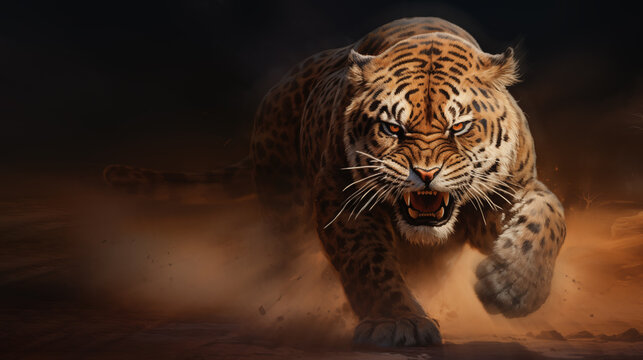 Agrresive tiger (panthera tigris) runs for the attack on blurred background, looking at camera