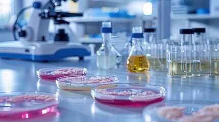 Petri dishes in the laboratory against the background of a microscope. Selective focus.