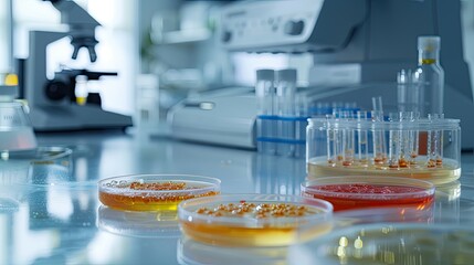 Petri dishes in the laboratory against the background of a microscope. Selective focus.