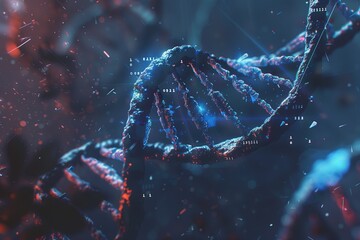 Digital genome mapping with glowing DNA, blue and orange tones, abstract background, biotechnology concept.
