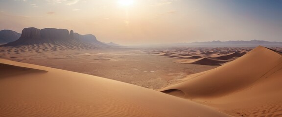 A breathtaking panoramic view of a sprawling desert under a setting sun, featuring smooth sand dunes and distant rocky mountains.