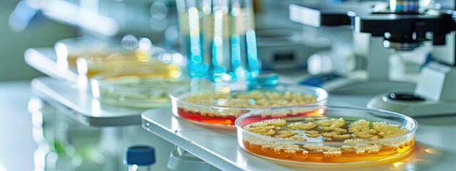 Petri dishes in the laboratory against the background of a microscope. Selective focus.