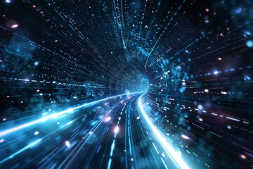 Fototapeta premium Abstract interstellar data transmission, blue tones, light trails, futuristic digital concept, high-speed communication