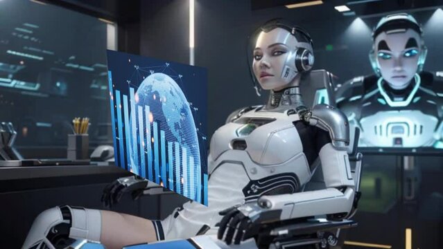 Androide, humanoide en su sala de trabajo con la &uacute;ltima tecnolog&iacute;a analizando el mundo observa globo terr&aacute;queo y un gr&aacute;fico de barras que muestra tendencia de la Inteligencia Artificial