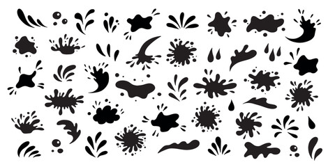 Water drops and splash silhouette collection in simple doodle style. Set different liquid shapes and silhouette.