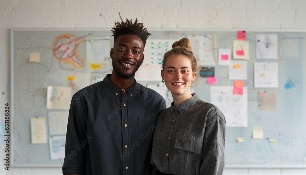 Poster a of two colleagues standing in front of a whiteboard with brainstorming notes, both looking at the 