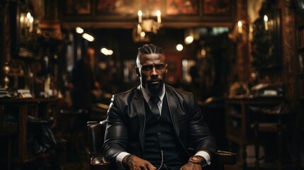 Fototapeta premium A sophisticated man with a well-groomed beard in a stylish suit is sitting confidently in a luxurious room with tasteful decor