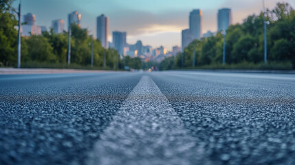 Low angle shot of empty asphalt road in city Pass by modern buildings and beautiful urban architectural landscapes in summer.