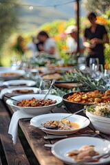 Obraz premium Food outside on tables in the garden. Selective focus.