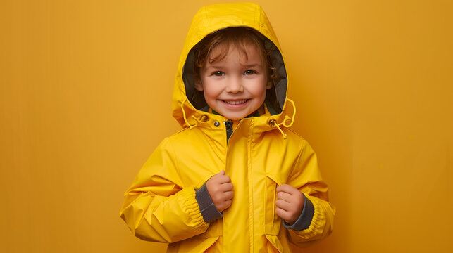 kid clothing yellow rain coat pose like presentor of brand advertising.