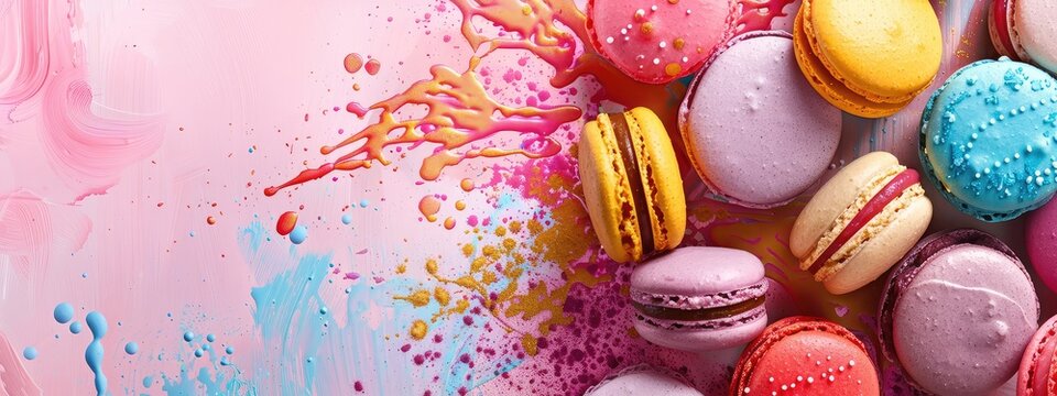 Splash macarons of many different types. Selective focus.