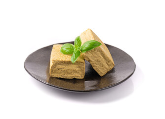 Tofu Cheese Isolated, Smoked Vegan Cheese Slice, Sliced Soya Bean Curd, Soy Protein or TSP
