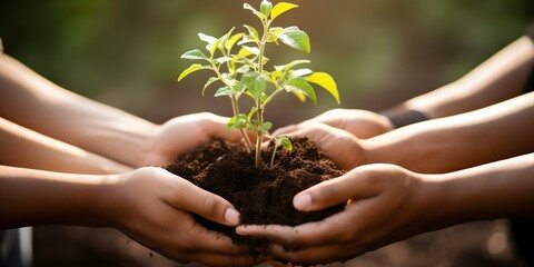 Fototapeta premium Uniting to Protect Nature: People Holding a Young Plant on Earth Day. Concept Earth Day, Environmental Conservation, Nature Protection, Planting Trees, Global Sustainability