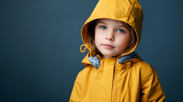 kid clothing yellow rain coat pose like presentor of brand advertising.