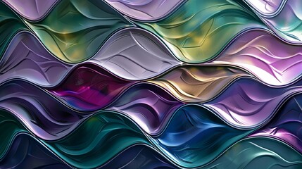 A modern fabric design with a repeating pattern of glossy, interconnected lines in bold, metallic colors such as purple, green, and blue, providing a shiny look. Minimal and Simple style