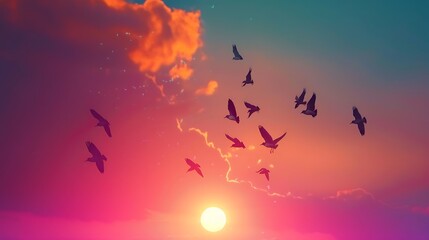 A flock of birds flying in formation against a colorful Eid sunset sky.