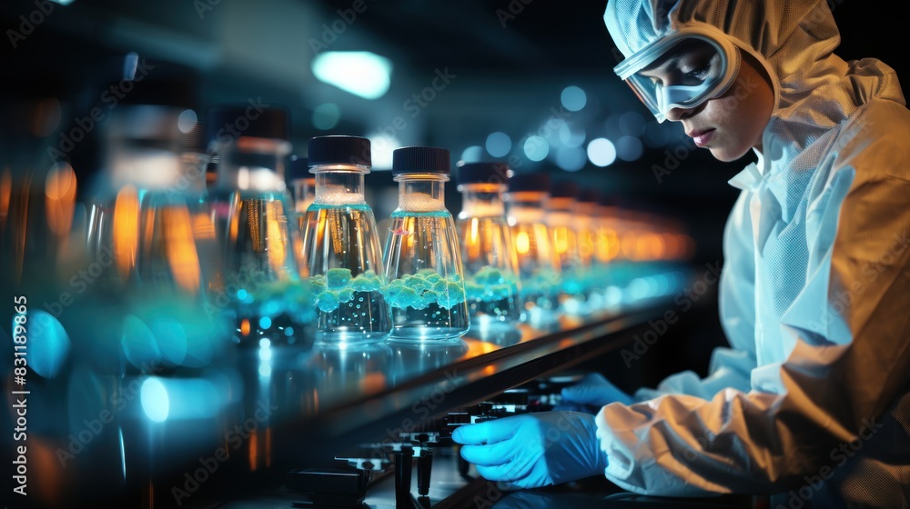 Poster a scientist in protective gear analyzing illuminated test tubes in a high-tech lab environment