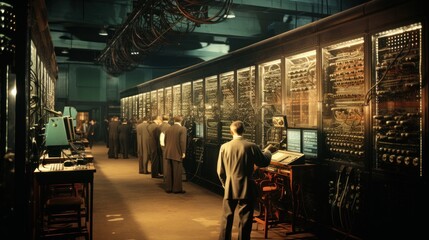 A vintage depiction of men standing in front of large computer machinery in a historical computer room