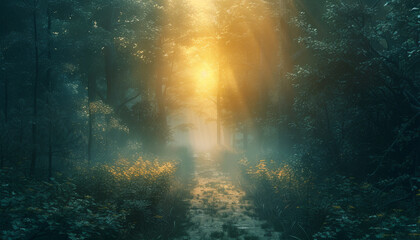 Obraz premium The photo shows a beautiful forest with a bright light shining through the trees.
