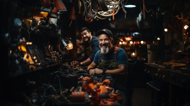 Two jovial male craftsmen enjoy working together in an atmospheric, well-equipped workshop environment