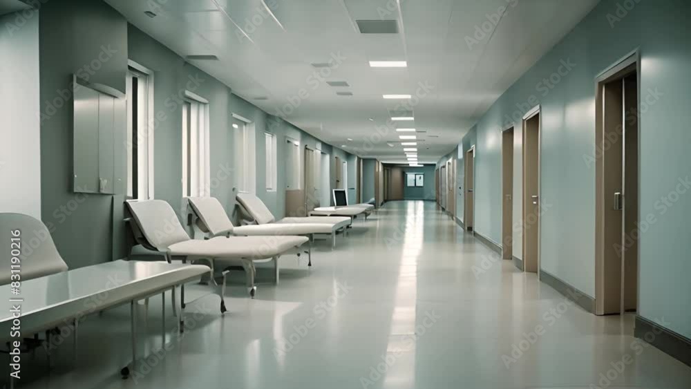 Poster rows of empty chairs in a long hallway generative ai