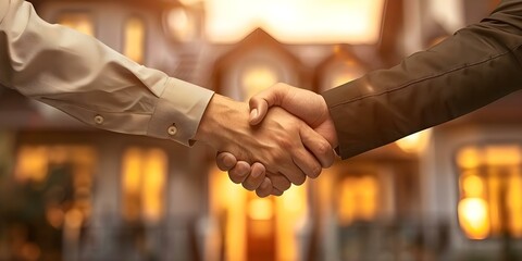 Real estate agent and customer seal deal with handshake after signing house contract. Concept Real Estate, Handshake, Signing Contract, Successful Deal, Customer Satisfaction