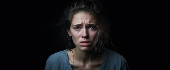 Frightened looking young woman with a concerned expression in a dark environment